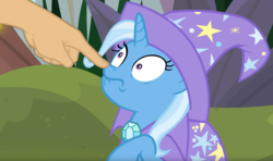 Size: 1579x937 | Tagged: safe, edit, edited screencap, screencap, trixie, pony, unicorn, a horse shoe-in, g4, boop, boop edit, female, finger, hand, mare