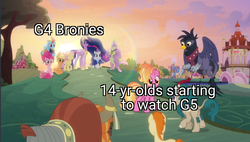 Size: 1184x671 | Tagged: safe, edit, edited screencap, screencap, applejack, fluttershy, gallop j. fry, georgia, luster dawn, pinkie pie, rainbow dash, rarity, river song, spike, twilight sparkle, yelena, alicorn, dragon, griffon, kirin, pony, yak, g4, g5, the last problem, brony, brony history, end of ponies, fan, female, future, gigachad spike, here we go again, history repeats itself, in-universe brony, in-universe pegasister, inspiration, luster five, male, mare, meme, older, older applejack, older fluttershy, older gallop j. fry, older pinkie pie, older rainbow dash, older rarity, older spike, older twilight, older twilight sparkle (alicorn), princess twilight 2.0, start of ponies, succession, twilight sparkle (alicorn), winged spike, wings