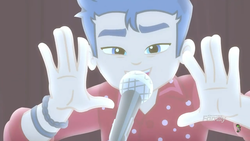 Size: 1280x720 | Tagged: safe, screencap, flash sentry, cheer you on, equestria girls, equestria girls series, g4, spoiler:eqg series (season 2), fingers, looking at you, male, microphone, singing, solo