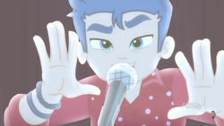 Size: 1280x720 | Tagged: safe, screencap, flash sentry, cheer you on, equestria girls, equestria girls series, g4, spoiler:eqg series (season 2), fingers, looking at you, male, microphone, singing, solo
