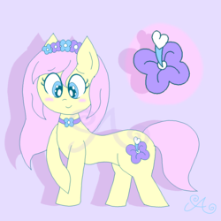 Size: 2000x2000 | Tagged: safe, artist:alannaartroid, fluttershy, earth pony, pony, g4, alternate hairstyle, alternate universe, blue background, choker, earth pony fluttershy, female, floral head wreath, flower, high res, mare, race swap, raised hoof, redesign, simple background, solo