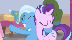 Size: 1600x900 | Tagged: safe, screencap, starlight glimmer, trixie, pony, a horse shoe-in, g4, cushion, happy, house plant, hug, stool