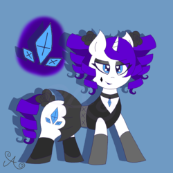 Size: 2000x2000 | Tagged: safe, artist:alannaartroid, rarity, pony, unicorn, g4, alternate hairstyle, alternate universe, beauty mark, black rose, blue background, boots, clothes, collar, dress, eyeshadow, female, flats, flower, flower in hair, goth, high res, lipstick, makeup, mare, pigtails, redesign, rose, shoes, simple background, skirt, sleeveless, socks, solo, twintails