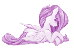 Size: 1280x869 | Tagged: safe, artist:dstears, fluttershy, pegasus, pony, g4, cute, digital art, female, looking back, mare, monochrome, prone, shyabetes, simple background, solo