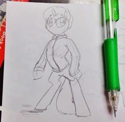 Size: 1884x1836 | Tagged: safe, artist:perezadotarts, oc, pony, unicorn, clothes, drawing, jacket, male, paper, pencil, pencil drawing, photo, pose, sketch, solo, standing, traditional art