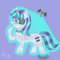 Size: 2000x2000 | Tagged: safe, artist:alannaartroid, starlight glimmer, pony, robot, unicorn, g4, alternate hairstyle, alternate universe, artificial intelligence, blue background, choker, colored sclera, equal cutie mark, eyepatch, female, grin, high res, hologram, mare, raised hoof, redesign, simple background, smiling, solo