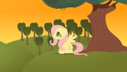 Size: 1920x1080 | Tagged: safe, artist:thunder-blur, fluttershy, pegasus, pony, g4, female, flying, hooves, lineless, mare, minimalist, modern art, silhouette, simple background, sitting, solo, spread wings, tree, wings