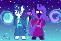Size: 3000x2000 | Tagged: safe, artist:alannaartroid, princess luna, tantabus, pony, unicorn, g4, alternate design, alternate hairstyle, alternate universe, bipedal, blushing, chopsticks in hair, clothes, female, hairpin, heart, high res, holding hooves, lesbian, lunabus, mare, race swap, redesign, sandals, shipping, vaguely asian robe