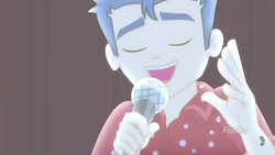 Size: 1280x720 | Tagged: safe, screencap, flash sentry, cheer you on, equestria girls, g4, my little pony equestria girls: better together, clothes, eyes closed, fingers, male, microphone, singing, smiling, solo, spotlight