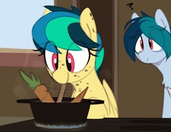 Size: 1142x884 | Tagged: safe, artist:shinodage, oc, oc:apogee, oc:delta vee, pegasus, pony, carrot, cooking, cute, eye clipping through hair, female, filly, food, freckles, mare, mother and daughter, mouth hold, pot, question mark, stove, teenager