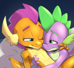 Size: 1491x1375 | Tagged: safe, artist:quadrog, smolder, spike, dragon, g4, commission, cropped, cute, dragoness, female, hug, lidded eyes, looking at each other, male, one eye closed, pillow, ship:spolder, shipping, sleepy, smolderbetes, spikabetes, straight, winged spike, wings, wink