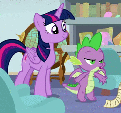 Size: 750x700 | Tagged: safe, screencap, spike, twilight sparkle, alicorn, dragon, pony, a horse shoe-in, g4, animated, blinking, cropped, friendship, jumping, sound, twilight sparkle (alicorn), webm, winged spike, wings