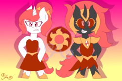 Size: 3000x2000 | Tagged: safe, artist:alannaartroid, daybreaker, princess celestia, pony, unicorn, g4, alternate hairstyle, alternate universe, angry, bipedal, clothes, colored sclera, dress, female, hand on hip, high res, hoof shoes, mare, race swap, redesign