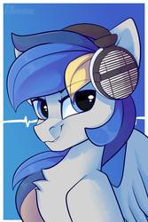 Size: 1000x1500 | Tagged: safe, artist:shadowreindeer, oc, oc only, pegasus, pony, chest fluff, eyebrows, eyebrows visible through hair, headphones, solo