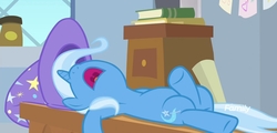 Size: 1920x918 | Tagged: safe, screencap, trixie, pony, a horse shoe-in, g4, crossed hooves, crossed legs, discovery family logo, sleeping, solo, volumetric mouth