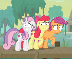 Size: 645x526 | Tagged: safe, screencap, apple bloom, scootaloo, sweetie belle, earth pony, pegasus, pony, unicorn, g4, growing up is hard to do, cropped, cutie mark, cutie mark crusaders, ears back, faic, female, mare, older, older apple bloom, older cmc, older scootaloo, older sweetie belle, raised hoof, scared, shrunken pupils, the cmc's cutie marks, trio