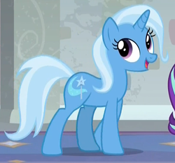 Size: 821x769 | Tagged: safe, screencap, trixie, pony, unicorn, a horse shoe-in, g4, cropped, female, looking up, mare, open mouth, side view, smiling, solo focus, walking