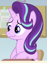 Size: 556x740 | Tagged: safe, screencap, starlight glimmer, pony, unicorn, a horse shoe-in, g4, awkward smile, cropped, cute, female, glimmerbetes, mare, smiling, solo, wavy mouth