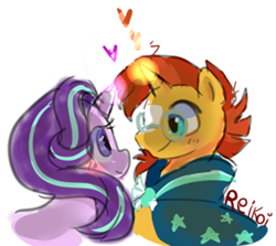 Size: 455x406 | Tagged: safe, artist:cupcakebunny03, starlight glimmer, sunburst, pony, unicorn, g4, cape, clothes, cute, duo, female, glasses, heart, looking at each other, male, mare, ship:starburst, shipping, simple background, stallion, straight, white background