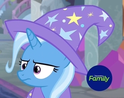 Size: 1096x862 | Tagged: safe, screencap, trixie, pony, unicorn, a horse shoe-in, g4, cape, clothes, cropped, discovery family logo, female, hat, mare, solo, trixie is not amused, trixie's cape, trixie's hat, unamused