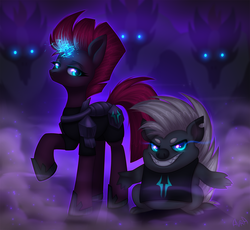 Size: 2500x2300 | Tagged: safe, artist:avrameow, grubber, tempest shadow, pony, unicorn, g4, my little pony: the movie, armor, broken horn, duo, eye scar, female, glowing eyes, glowing horn, grin, high res, hoof shoes, horn, looking at you, magic, mare, raised hoof, scar, smiling, sombra eyes, sparking horn, storm guard