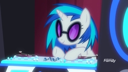 Size: 1920x1080 | Tagged: safe, screencap, dj pon-3, vinyl scratch, pony, unicorn, a horse shoe-in, g4, discovery family logo, female, mare, solo, turntable