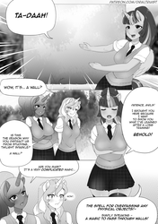 Size: 3000x4250 | Tagged: safe, artist:draltruist, princess luna, sunset shimmer, twilight sparkle, anthro, comic:twilight's new spell, g4, arm boob squeeze, blushing, clothes, comic, grayscale, manga, monochrome, school uniform, wall