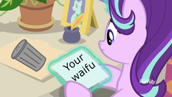 Size: 1920x1080 | Tagged: safe, edit, edited screencap, screencap, phyllis, starlight glimmer, pony, unicorn, a horse shoe-in, g4, discovery family logo, female, mare, photo, trash can, trixie's photo, your waifu is trash