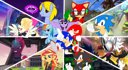 Size: 4202x2314 | Tagged: safe, artist:trungtranhaitrung, rainbow dash, songbird serenade, sunset shimmer, tempest shadow, twilight sparkle, oc, oc:delta brony, alicorn, echidna, hedgehog, jackal, pegasus, pony, unicorn, wolf, equestria girls, equestria girls series, g4, my little pony: the movie, alicorn oc, broken horn, classic sonic, crossover, female, gadget the wolf, geode of empathy, horn, infinite (character), knuckles the echidna, magical geodes, male, mare, phantom ruby, sega, shadow the hedgehog, sonic forces, sonic the hedgehog, sonic the hedgehog (series), stallion, twilight sparkle (alicorn), video game, zavok