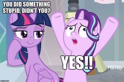 Size: 751x499 | Tagged: safe, edit, edited screencap, screencap, starlight glimmer, twilight sparkle, alicorn, pony, unicorn, a horse shoe-in, g4, caption, discovery family logo, duo, faic, female, folded wings, i'm with stupid, image macro, mare, meme, open mouth, raised hooves, smiling, smug, text, twilight sparkle (alicorn), wings