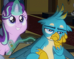 Size: 1360x1080 | Tagged: safe, screencap, gallus, starlight glimmer, griffon, pony, unicorn, a horse shoe-in, g4, animated, bored, claws, cropped, discovery family logo, female, magic, male, mare, no sound, notepad, pencil, she knows, shocked, watching, webm, wide eyes