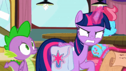 Size: 800x450 | Tagged: safe, screencap, cup cake, spike, twilight sparkle, alicorn, dragon, earth pony, pony, a trivial pursuit, g4, animated, feather, female, magic, male, mare, maximum overnerd, saddle bag, scroll, smoke, telekinesis, twilight sparkle (alicorn), winged spike, wings, writing