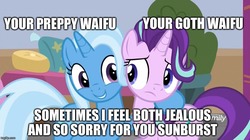 Size: 888x499 | Tagged: safe, edit, edited screencap, screencap, starlight glimmer, trixie, pony, unicorn, a horse shoe-in, g4, caption, eye contact, female, frown, goth, hoof on shoulder, image macro, implied starburst, implied startrixburst, implied sunburst, implied trixburst, looking at each other, male, mare, not sure if want, preppy, shipping, side hug, smiling, straight, text, waifu