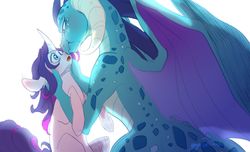 Size: 1280x778 | Tagged: safe, artist:yuyusunshine, princess ember, rarity, dragon, pony, unicorn, g4, blushing, boop, dragoness, eye contact, female, interspecies, lesbian, looking at each other, mare, noseboop, scrunchy face, ship:emberity, shipping