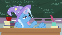 Size: 1600x900 | Tagged: safe, screencap, trixie, pony, unicorn, a horse shoe-in, g4, apple, aura, book, chalk, chalkboard, cup, desk, female, food, lounging, magic, mare, quill, smug, solo