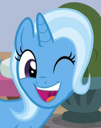 Size: 707x892 | Tagged: safe, screencap, trixie, pony, unicorn, a horse shoe-in, g4, cropped, cute, diatrixes, female, mare, one eye closed, reaction image, smiling, solo, wink