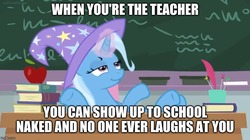 Size: 888x499 | Tagged: safe, edit, edited screencap, screencap, trixie, pony, unicorn, a horse shoe-in, g4, apple, aura, book, caption, chalk, chalkboard, clothes, cup, desk, female, food, hat, image macro, lounging, magic, mare, meme, missing accessory, quill, smug, solo, text, trixie's hat, we don't normally wear clothes