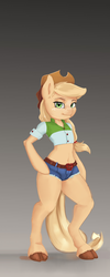 Size: 1200x3000 | Tagged: safe, artist:holymeh, edit, applejack, earth pony, semi-anthro, g4, applejack's hat, arm hooves, belly button, clothes, cloven hooves, cowboy hat, cropped, daisy dukes, equestria girls outfit, female, gradient background, hat, looking at you, mare, midriff, shirt, short shirt, shorts, smiling, solo