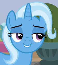 Size: 770x866 | Tagged: safe, screencap, trixie, pony, unicorn, a horse shoe-in, g4, aside glance, cropped, female, juxtaposition bait, lidded eyes, lip bite, mare, out of context, solo