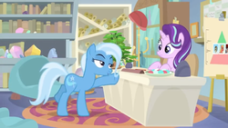 Size: 1600x900 | Tagged: safe, screencap, big macintosh, doctor whooves, octavia melody, phyllis, starlight glimmer, time turner, trixie, pony, unicorn, a horse shoe-in, g4, book, bookshelf, cabinet, clothes hanger, desk, female, house plant, mare, office, philodendron, photos, picture frame, pointing, pyramid, rug, scroll, shelf, sitting