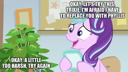 Size: 888x499 | Tagged: safe, edit, edited screencap, screencap, phyllis, starlight glimmer, pony, unicorn, a horse shoe-in, g4, bulletin board, caption, female, house plant, image macro, implied trixie, levitation, magic, mare, nervous smile, office, philodendron, picture frame, telekinesis, text