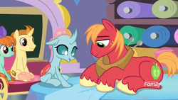 Size: 1920x1080 | Tagged: safe, screencap, big macintosh, golden crust, ocellus, peppermint goldylinks, changedling, changeling, earth pony, pegasus, pony, unicorn, a horse shoe-in, g4, classroom, discovery family logo, fabric, female, friendship student, male, mare, school of friendship, sewing, sitting, stallion, stitch, teenager