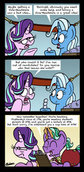 Size: 1308x2655 | Tagged: safe, artist:bobthedalek, firelight, starlight glimmer, trixie, pony, unicorn, a horse shoe-in, g4, clipboard, dialogue, father and daughter, fathers gonna father, female, hammock, male, mare, pencil, smoke bomb, speech bubble, stallion, starlight glimmer is not amused, trixie's wagon, unamused