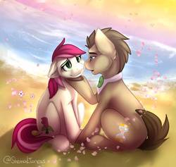 Size: 918x870 | Tagged: safe, artist:shemalioness, doctor whooves, roseluck, time turner, earth pony, pony, g4, bowtie, cute, eye contact, female, looking at each other, male, mare, ocean, petals, ship:doctorrose, shipping, sitting, stallion, straight
