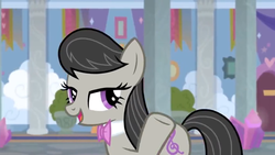 Size: 1600x900 | Tagged: safe, screencap, octavia melody, earth pony, pony, a horse shoe-in, g4, banner, bowtie, carpet, column, female, mare, picture frame, solo