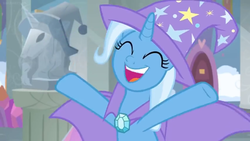 Size: 1600x900 | Tagged: safe, screencap, trixie, pony, unicorn, a horse shoe-in, g4, bust, cape, clothes, cute, diatrixes, female, happy, hat, mare, raised hooves, smiling, solo, trixie's cape, trixie's hat