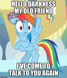 Size: 500x578 | Tagged: safe, edit, edited screencap, screencap, rainbow dash, pegasus, pony, a horse shoe-in, g4, caption, cropped, crossed hooves, disturbed, female, flying, hello darkness my old friend, image macro, impact font, mare, rainbow dash is best facemaker, school of friendship, shocked, simon and garfunkel, solo, song reference, text, the sound of silence, what the hay?, wide eyes