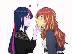 Size: 1024x768 | Tagged: safe, artist:extraluna, sunset shimmer, twilight sparkle, equestria girls, g4, blushing, duo, female, floating heart, hand on chin, heart, lesbian, looking at each other, pink background, question mark, ship:sunsetsparkle, shipping, simple background, sweatdrop