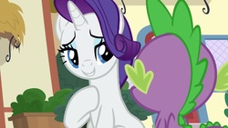 Size: 1920x1080 | Tagged: safe, screencap, rarity, spike, dragon, pony, unicorn, dragon dropped, g4, female, male, mare, winged spike, wings