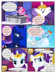 Size: 612x792 | Tagged: safe, artist:newbiespud, edit, edited screencap, screencap, applejack, pinkie pie, prince blueblood, princess luna, rainbow dash, rarity, alicorn, earth pony, pegasus, pony, unicorn, comic:friendship is dragons, g4, the best night ever, bedroom eyes, bipedal, bowtie, clothes, comic, dialogue, dress, ethereal mane, eyes closed, female, flying, frown, gala dress, gown, grin, gritted teeth, hat, jewelry, looking up, male, mare, pinkie pie's first gala dress, rarity's first gala dress, sad, screencap comic, smiling, sonic rainboom, stallion, starry mane, tiara, turntable